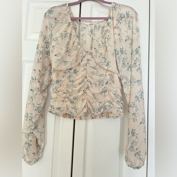 Free People Floral Ruffle Blouse - Cream and Blue Large - Picture 1 of 12